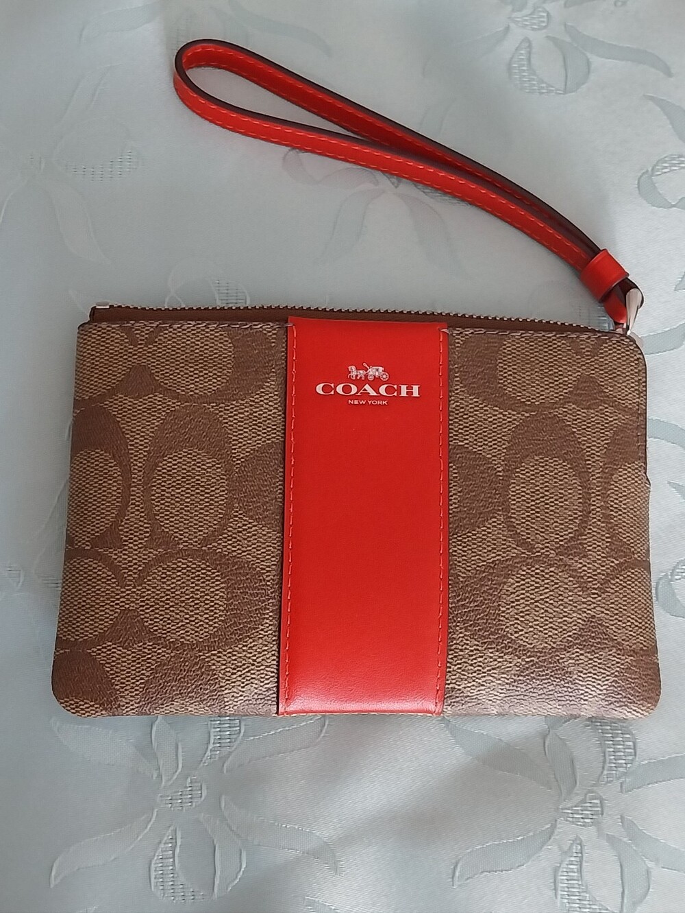 Brand New COACH Signature Wristlet with Red Stripe